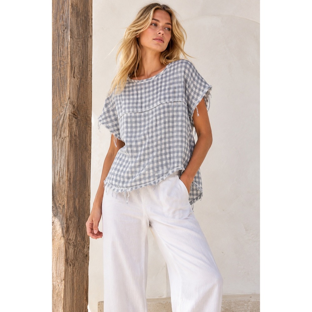 Emily Phillips Nashville Grey Gingham Cotton Frayed Hem Top Small Made in USA